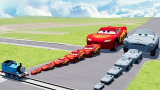Big & Small Lightning McQueen vs Big & Small McMissile vs Thomas the Tank Engine Train  BeamNG.drive