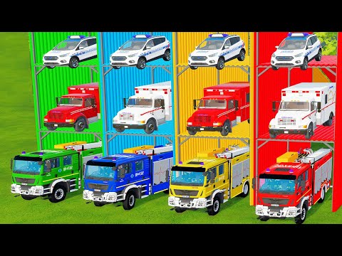 GARAGE OF COLORS! MULTI STOREY GARAGE vs FIRE DEPARTMENT, AMBULANCE AND POLICE CARS!  FS22 - #124