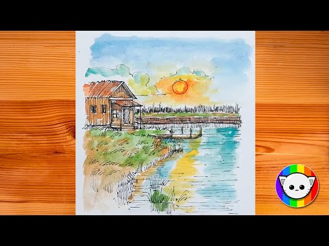 How to draw a sunset landscape || आसान चित्र || Painting