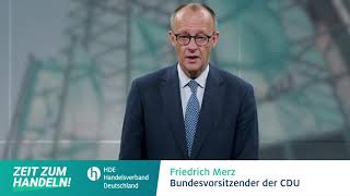 Der CDU-Parteivorsitzende Friedrich Merz mit einem Statement für den Einzelhandel