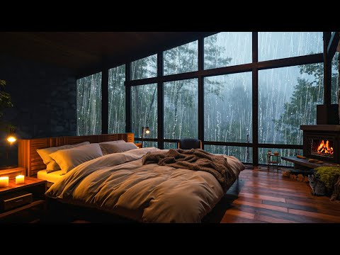 Cozy Rain on Window - Thunderstorm & Warm Fireplace | Heavy Rain for Sleep, Study and Relaxation