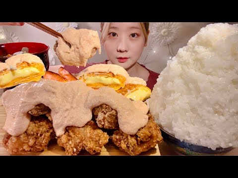 ASMR Fried Chicken with Mentaiko Mayonnaise Sauce and Cheese Omelette【Mukbang/ Eating Sounds】