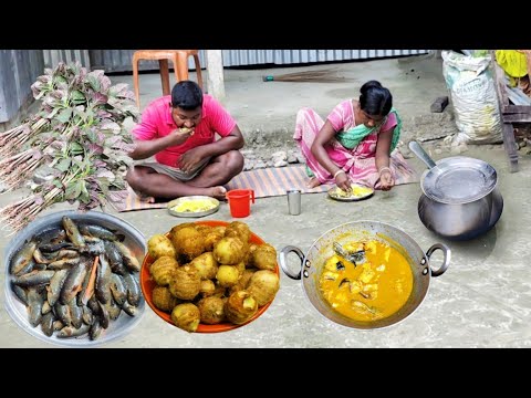 New Style TARO ROOT cooking with KOI FISH and DATA SHAK recipe by Santali TRIBE Couple |village life