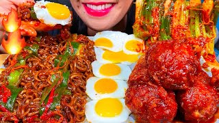 ASMR GREEN ONION KIMCHI WRAPPED BLACK BEAN NOODLES, FRIED CHICKEN, EGGS MASSIVE Eating Sounds