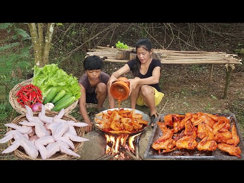 Survival in forest, Chicken wing salad cooking tasty & eating delicious in jungle, Survival cooking