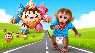 Monkey Baby Bon Bon confronts a giant, colorful ice cream monster in the park.