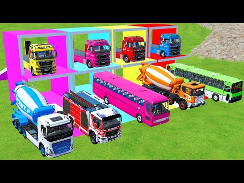 TRANSPORTING EXCAVATOR, MIXER CEMENT TRUCK, BULLDOZER, SCANIA BUS, AMBULANCE WITH VOLVO TRUCK - FS22