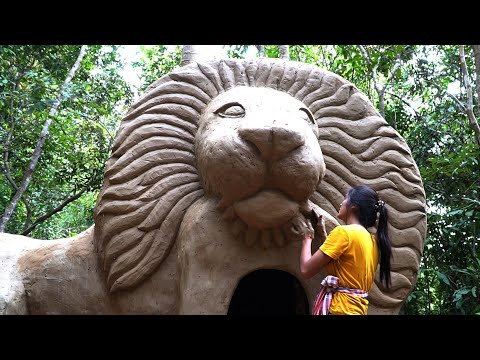 Full Video Cute Lady Building King Status Lion Make House With Living Room Bamboo Bed And pool For