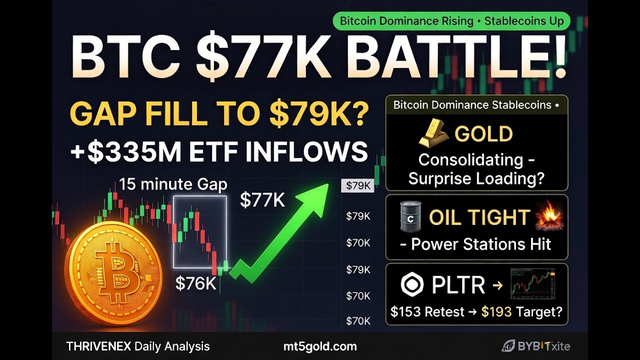 Bitcoin $77K Retest + ETF Inflows, Gold & Palantir