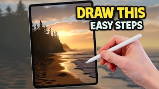 EASY STEPS Procreate Landscape Drawing Tutorial - YOU can draw this Beach Dawn!