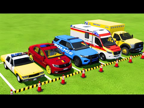 CHEVROLET, DACIA, FORD POLICE CARS & MERCEDES, FORD AMBULANCE VEHICLES TRANSPORTING ! FS22