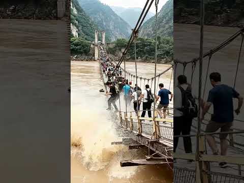 惊险！湍急洪水中铁索吊桥突然断裂，满桥人连桥一起坠入被冲走#洪水现场 #吊桥坍塌 #自然灾害 #极端天气 #Flood #BridgeCollapse #DisasterVideo #震撼瞬间