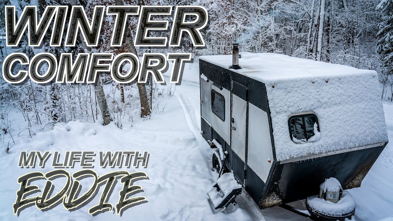 WINTER CAMPING in a DIY CAMPER TRAILER using only a WOOD STOVE for HEAT