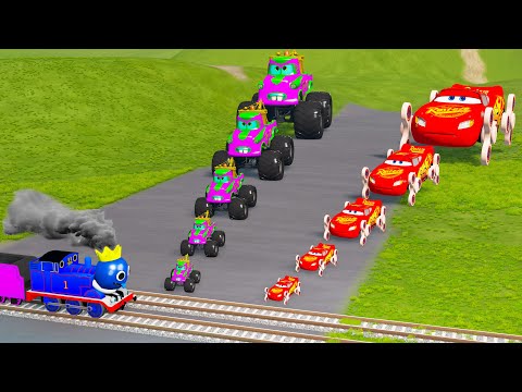 Big & Small: Mcqueen with Spinner Wheels vs Long Monster Truck Tow Mater vs Thomas Trains - BeamNG