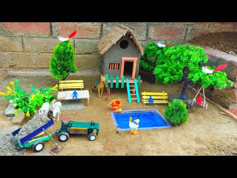 Diy how to make Mini Village House - With Tree Jhoola  | Cow shed | Mini pond | Tractor machine