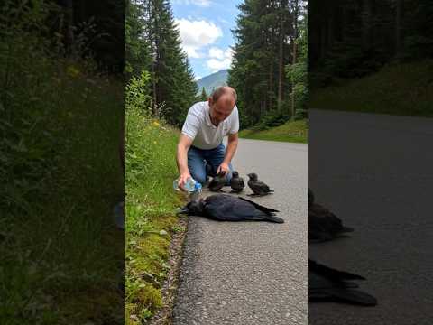 A Kind Man helped a tired crow and her chicks by the roadside