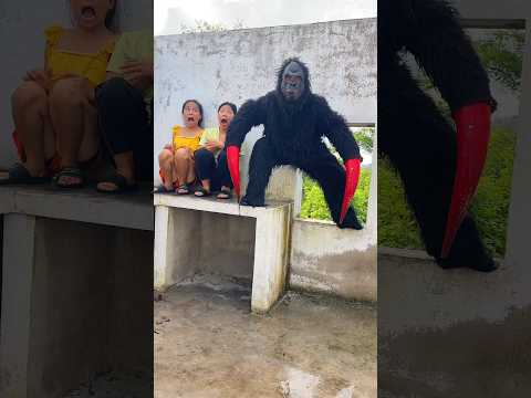 2 Ferocious Gorilla Monsters Attack 2 Beautiful Brave Girls Who Scared And Hiding Under The Window