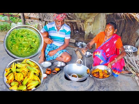 pumpkin flower pakora and green vegetables cooking in tribal method by grandmaa