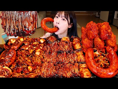 ASMR MUKBANG| 직접 만든 불닭 짜장 버섯 양념치킨 소세지 먹방 & 레시피 FIRE BLACK BEAN MUSHROOMS AND FRIED CHICKEN EATING