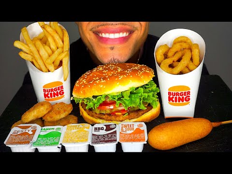 ASMR BURGER KING IMPOSSIBLE WHOPPER CHICKEN NUGGETS CORN DOG FRIES ONION RINGS RANCH EATING JERRY