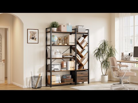 Bookshelf, 5 Tier Bookshelves with Tree Display Shelves, 65&rdquo; Tall Floor Standing Bookcase with 2 Drawers and 6 Adjustable Feet for Home, Office Youtube thumbnail image number 10