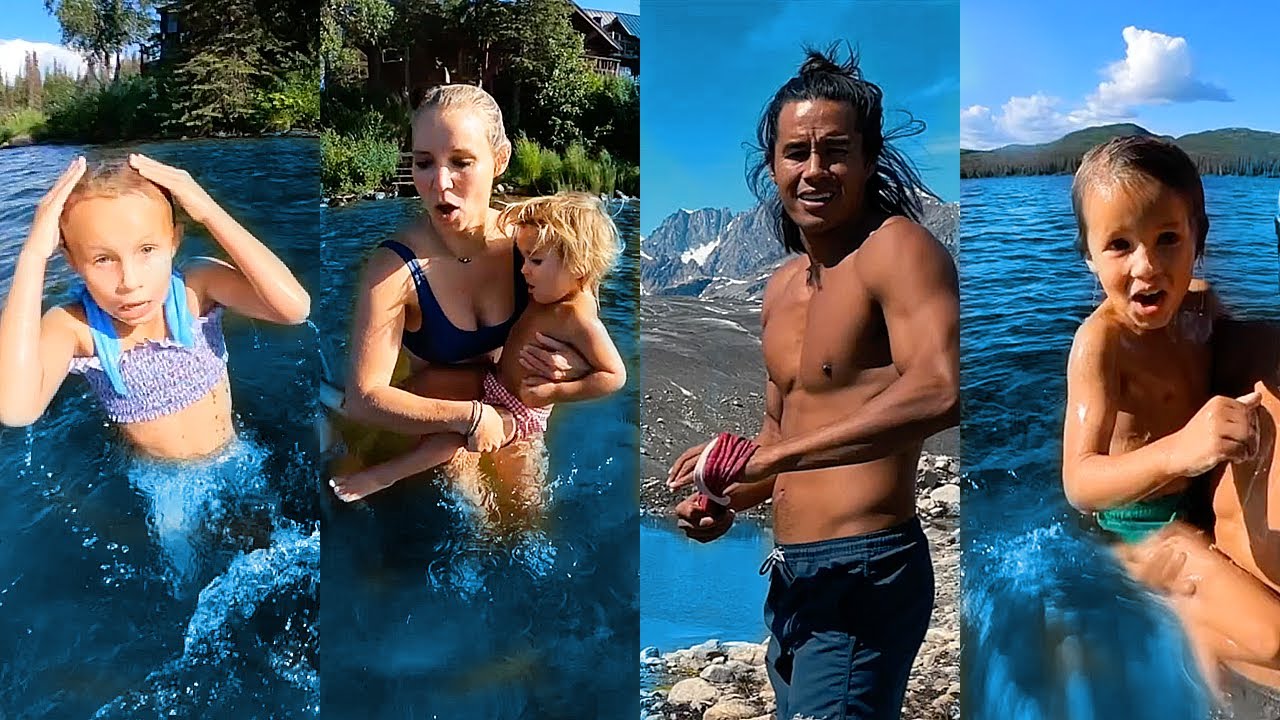 Kids polar plunge freezing cold Alaska glacier water!