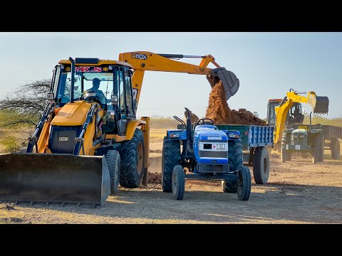 JCB 3dx and Mahindra SX Loading Mud Mahindra Sonalika Force Swaraj JohnDeere Tractor in Village Pond