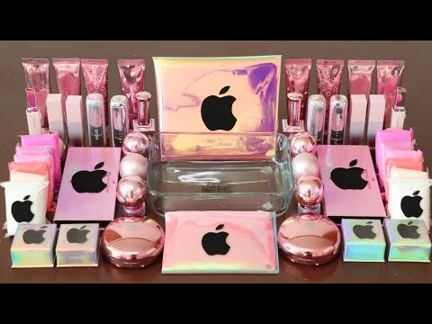 Mixing”Pink Hologram Apple” Eyeshadow and Makeup,parts Into Slime!Satisfying Slime Video!★ASMR★