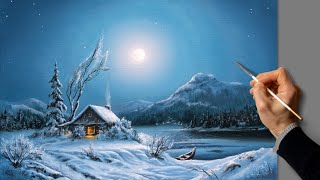 Acrylic Landscape Painting - Full Moon Winte