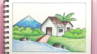 Menggambar pemandangan rumah ditepi sungai - How to draw scenery for beginners 