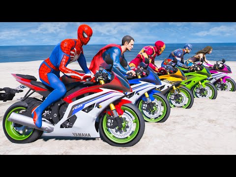 Racing Spiderman motorcycles with Superheroes - Giant Coin Bridge Challenge