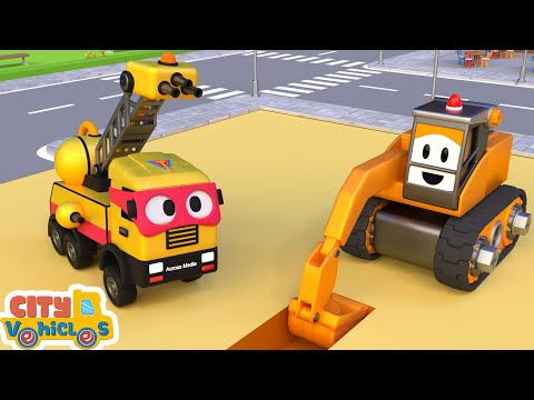 super excavator dig big rock and build new bridge - --bulldozer, dump truck and concrete mixer truck