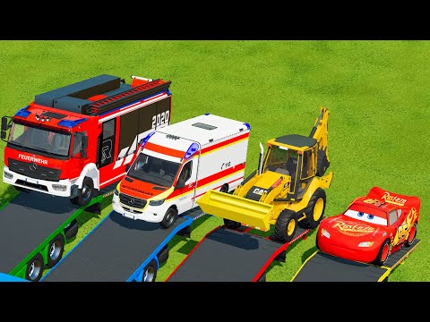 MQUEEN AND FRIENDS !  MQUEEN CARS , FIRE TRUKCS, AMBULANCE , LOADERS  TRANSPORTING ! FS 22