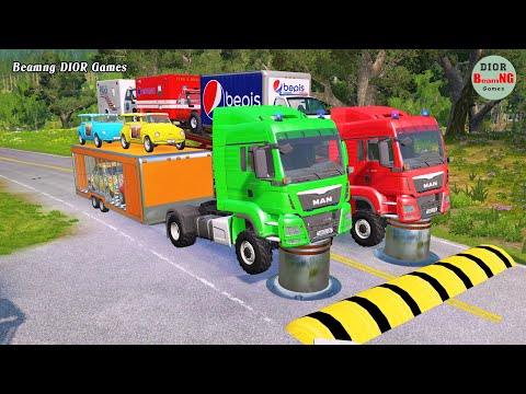 Double Flatbed Trailer Truck vs speed bumps|Busses vs speed bumps|Beamng Drive|1005