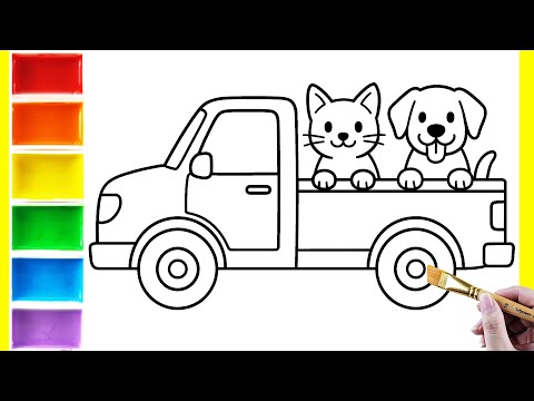 Tô Màu Xe Ô Tô Bán Tải Và Con Mèo, Con Chó - Dạy Bé Học Màu Sắc - Coloring The Pickup Truck #tomau