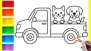 Tô Màu Xe Ô Tô Bán Tải Và Con Mèo, Con Chó - Dạy Bé Học Màu Sắc - Coloring The Pickup Truck #tomau