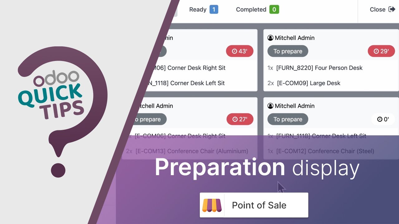 Odoo Quick Tips - Preparation display for retail [Point of Sales] | 9/27/2023

Odoo Point of Sale is your free, user-friendly POS system to run your store or restaurant efficiently. Set it up in minutes and sell in ...
