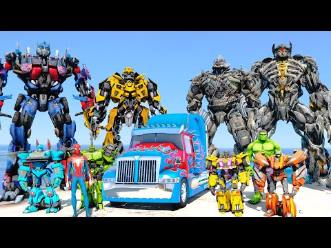 Transformers VS Transformers With Spiderman Hulk Fnaf Toy Freddy Running & Car RACE Challenge- GTA 5