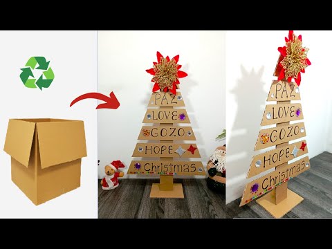 hacer arbol de caja de carton reciclada hermoso arbol de navidad con mensajes motivacionales