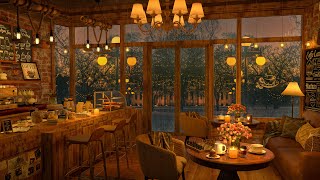 Relaxing Rainy Day at Coffee Shop Ambience 4K ❄️ Smooth Jazz Piano for Work, Study, Relax