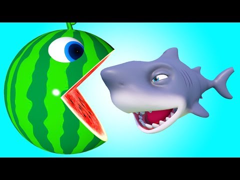 Pacman Watermelon roll around river meets a shark he eats fruits and found surprise toys on farm