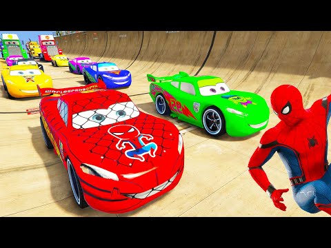 SPIDERMAN Vs HULK McQueen Friends CARS Mega JUMP Challenge ! SUPERHERO Mack Truck Epic Race  - GTA V