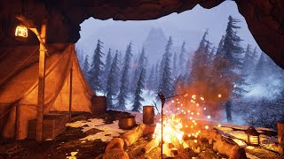 Cozy cave ambience on a snowy day | Snowstorms, and the sounds of a bonfire for relaxation