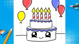 How To Draw A Birthday Cake 🎂, Balloons 🎈 EASY Step by Step Cake Drawing