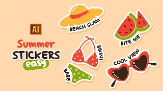 Drawing summer stickers (hat, watermelon, swimsuit, glasses) with text in Adobe Illustrator.
