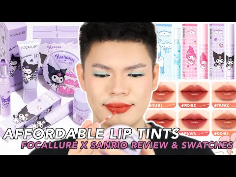 TRYING NEW AFFORDABLE LIP TINTS!!! FOCALLURE X SANRIO LIP TINT REVIEW AND SWATCHES (ALL SHADES)