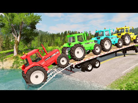 Double Flatbed Trailer Truck vs Speedbumps Train vs Cars Beamng.Drive