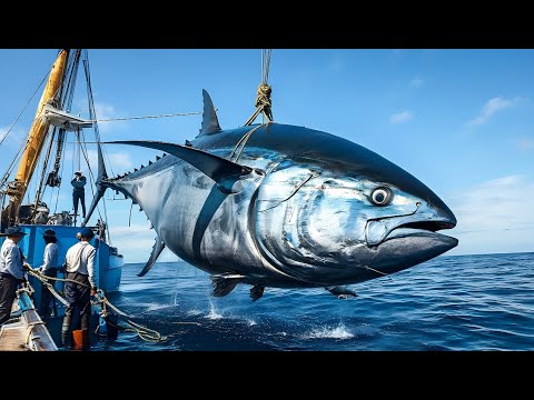 Shocking 1000usd per day-  American fishermen catch hundreds of 500kg tuna every day with giant nets