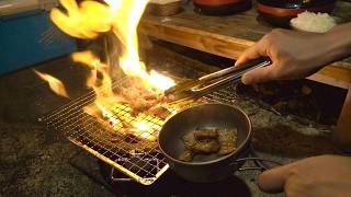 嫁と庭で爆炎！七輪ホルモン焼き肉と飯盒ご飯！
