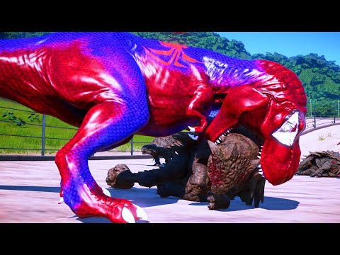 Tyrannosaurus Rex vs Spiderman Pro 8 Superhero Team l Winter Battle Royale Jurassic World Evolution